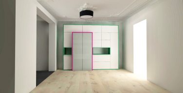 werkplek, strak, wit, bureau, mini-kantoor, kast, maatwerk, inklapbare schuifdeuren, kleur, ontwerp, modern