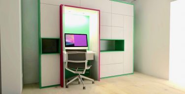 werkplek, strak, wit, bureau, mini-kantoor, kast, maatwerk, inklapbare schuifdeuren, kleur, ontwerp, modern