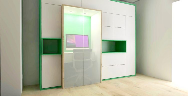 werkplek, strak, wit, bureau, mini-kantoor, kast, maatwerk, inklapbare schuifdeuren, kleur, ontwerp, modern