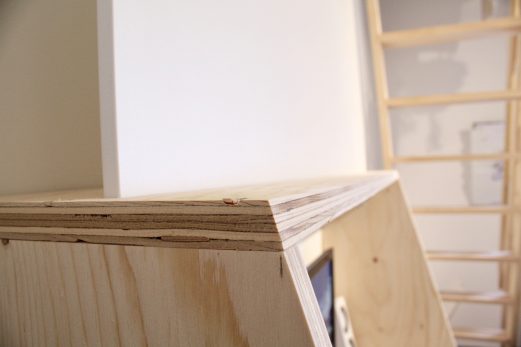 ontwerp, bureau, strak, hout, underlayment, multiplex, zwevend, multifunctioneel, werkplek, simpel