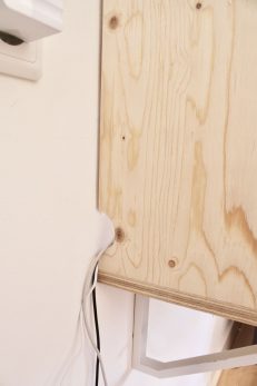ontwerp, bureau, strak, hout, underlayment, multiplex, zwevend, multifunctioneel, werkplek, simpel