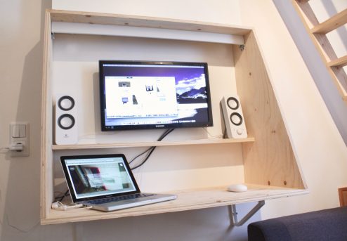 ontwerp, bureau, strak, hout, underlayment, multiplex, zwevend, multifunctioneel, werkplek, simpel