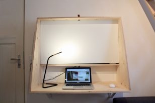 ontwerp, bureau, strak, hout, underlayment, multiplex, zwevend, multifunctioneel, werkplek, simpel